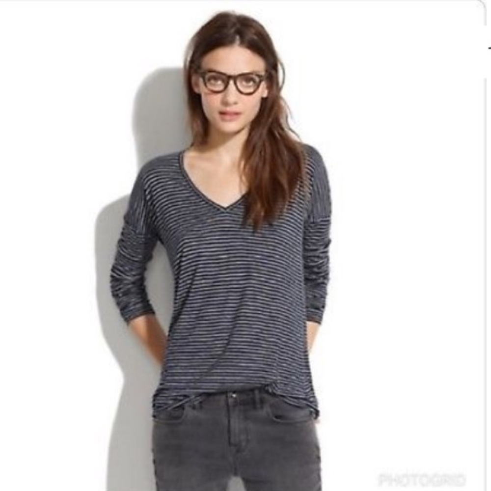 Madewell Anthem Striped Long Sleeve V Neck Top -XS